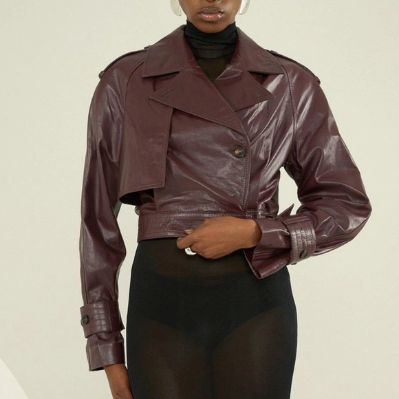 Karen Millen Plum Leather Cropped Bomber Jacket in Size 6 - Picture 6 of 7